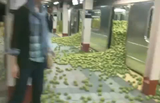 new york city subway car. NYC Subway Car Full of Apples